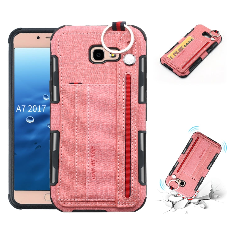 For Galaxy A7 (2017) Cloth Texture + TPU Shockproof Protective Case with Metal Ring & Holder & Card Slots & Hanging Strap