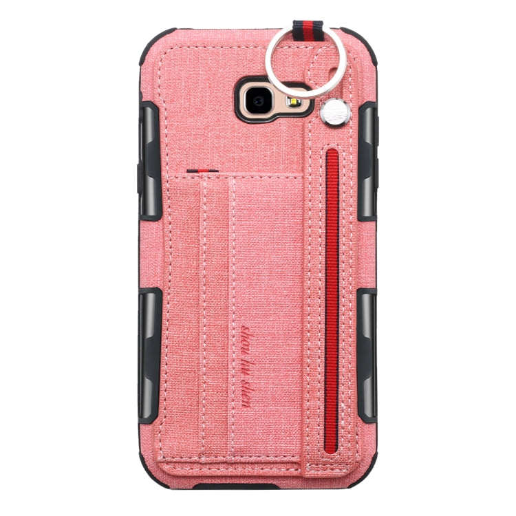 For Galaxy A7 (2017) Cloth Texture + TPU Shockproof Protective Case with Metal Ring & Holder & Card Slots & Hanging Strap
