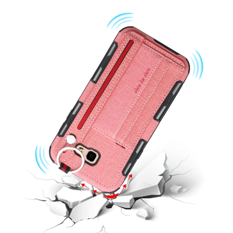 For Galaxy A7 (2017) Cloth Texture + TPU Shockproof Protective Case with Metal Ring & Holder & Card Slots & Hanging Strap