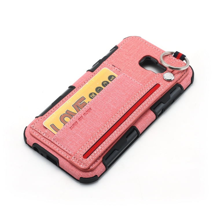 For Galaxy A7 (2017) Cloth Texture + TPU Shockproof Protective Case with Metal Ring & Holder & Card Slots & Hanging Strap
