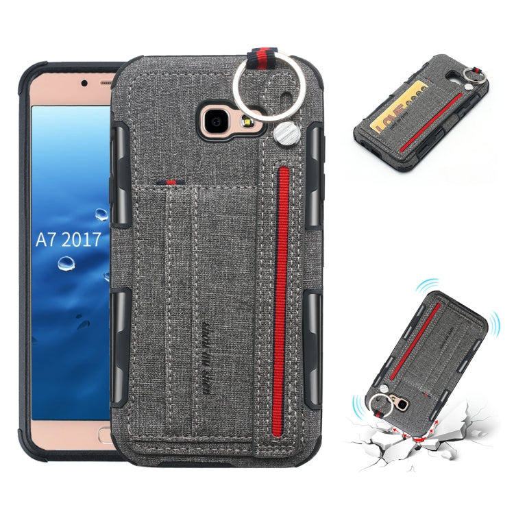 For Galaxy A7 (2017) Cloth Texture + TPU Shockproof Protective Case with Metal Ring & Holder & Card Slots & Hanging Strap