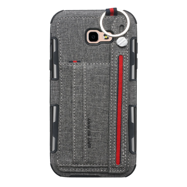 For Galaxy A7 (2017) Cloth Texture + TPU Shockproof Protective Case with Metal Ring & Holder & Card Slots & Hanging Strap