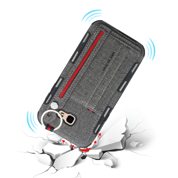 For Galaxy A7 (2017) Cloth Texture + TPU Shockproof Protective Case with Metal Ring & Holder & Card Slots & Hanging Strap