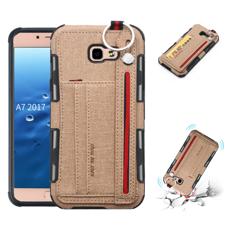 For Galaxy A7 (2017) Cloth Texture + TPU Shockproof Protective Case with Metal Ring & Holder & Card Slots & Hanging Strap