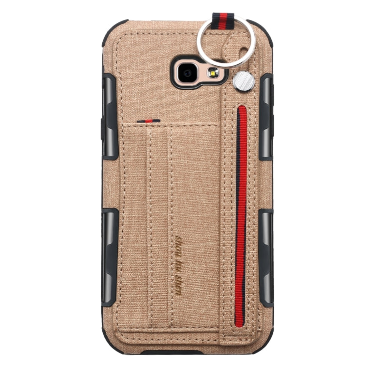 For Galaxy A7 (2017) Cloth Texture + TPU Shockproof Protective Case with Metal Ring & Holder & Card Slots & Hanging Strap