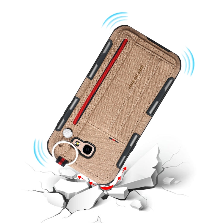 For Galaxy A7 (2017) Cloth Texture + TPU Shockproof Protective Case with Metal Ring & Holder & Card Slots & Hanging Strap