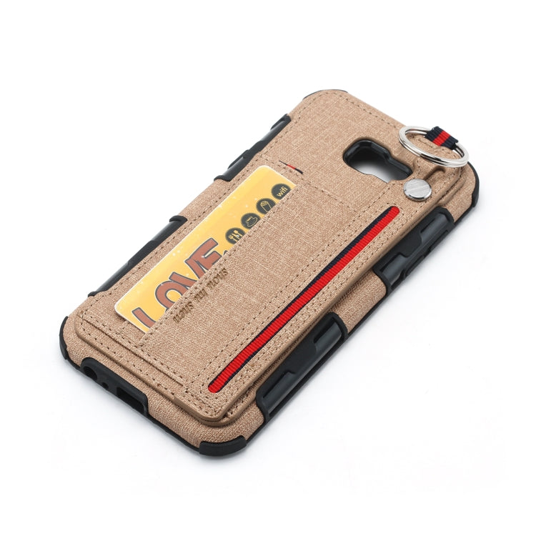 For Galaxy A7 (2017) Cloth Texture + TPU Shockproof Protective Case with Metal Ring & Holder & Card Slots & Hanging Strap