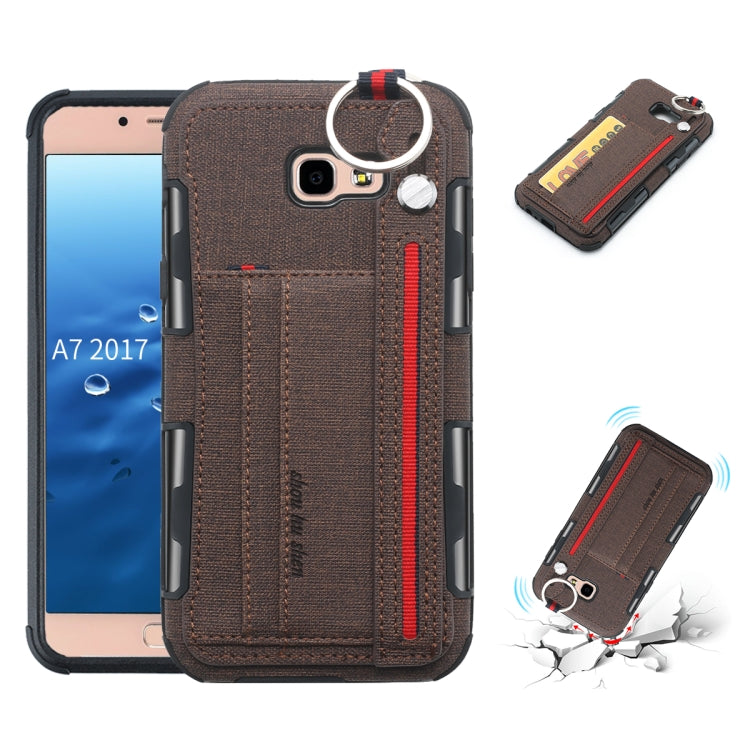 For Galaxy A7 (2017) Cloth Texture + TPU Shockproof Protective Case with Metal Ring & Holder & Card Slots & Hanging Strap