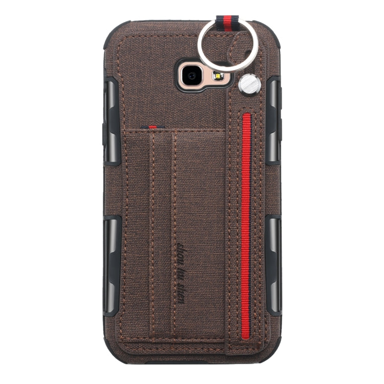 For Galaxy A7 (2017) Cloth Texture + TPU Shockproof Protective Case with Metal Ring & Holder & Card Slots & Hanging Strap