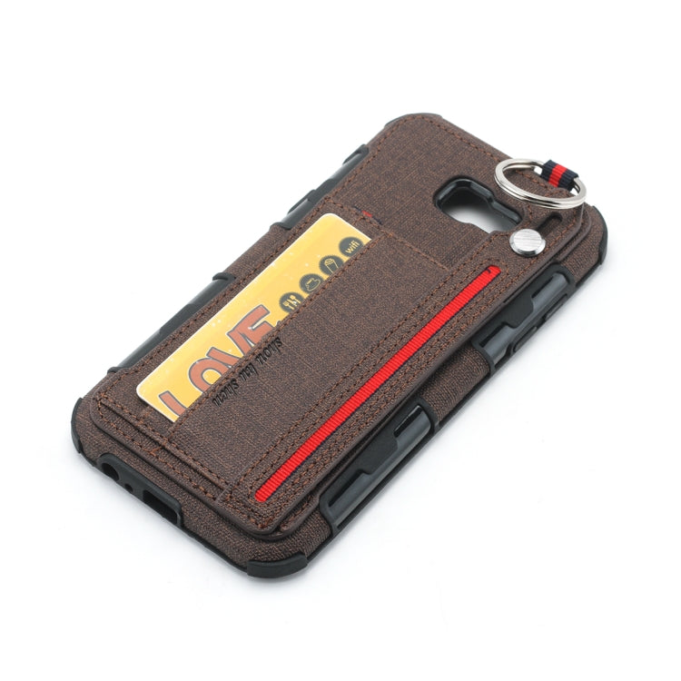 For Galaxy A7 (2017) Cloth Texture + TPU Shockproof Protective Case with Metal Ring & Holder & Card Slots & Hanging Strap