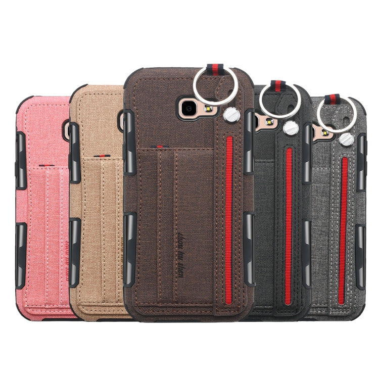 For Galaxy A7 (2017) Cloth Texture + TPU Shockproof Protective Case with Metal Ring & Holder & Card Slots & Hanging Strap