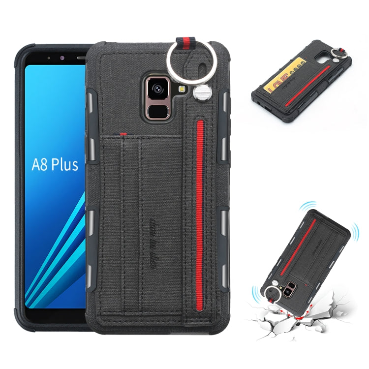 For Galaxy A8+ (2018) Cloth Texture + TPU Shockproof Protective Case with Metal Ring & Holder & Card Slots & Hanging Strap