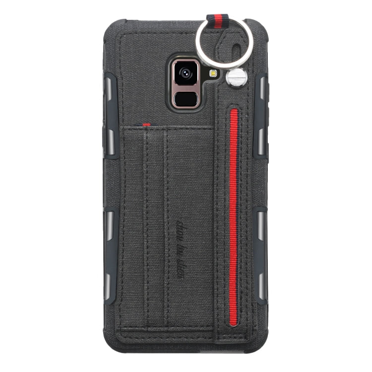 For Galaxy A8+ (2018) Cloth Texture + TPU Shockproof Protective Case with Metal Ring & Holder & Card Slots & Hanging Strap