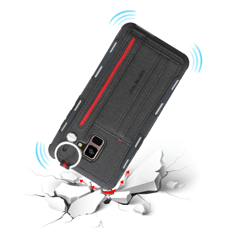 For Galaxy A8+ (2018) Cloth Texture + TPU Shockproof Protective Case with Metal Ring & Holder & Card Slots & Hanging Strap