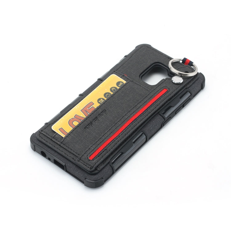 For Galaxy A8+ (2018) Cloth Texture + TPU Shockproof Protective Case with Metal Ring & Holder & Card Slots & Hanging Strap