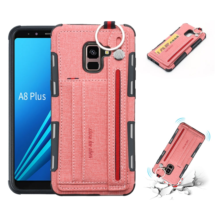For Galaxy A8+ (2018) Cloth Texture + TPU Shockproof Protective Case with Metal Ring & Holder & Card Slots & Hanging Strap