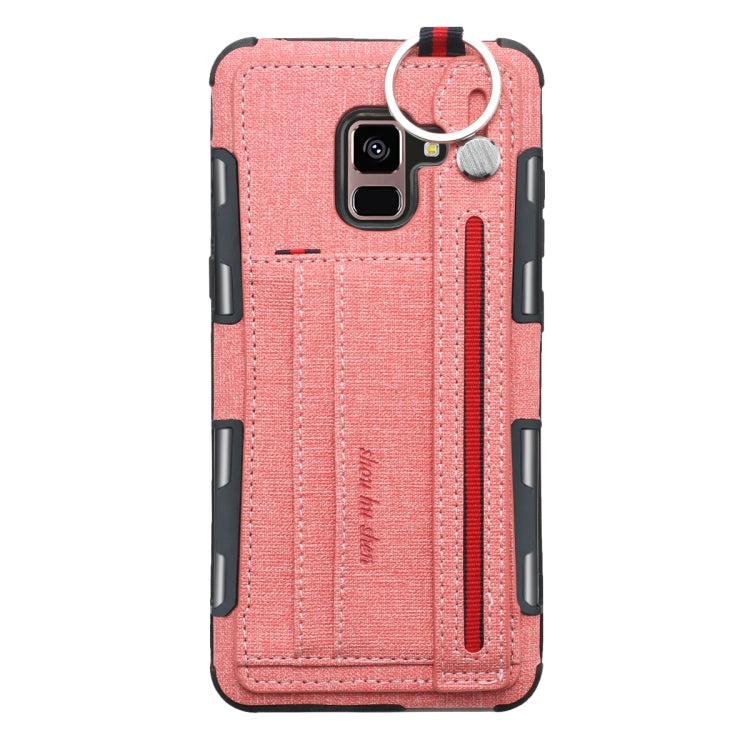 For Galaxy A8+ (2018) Cloth Texture + TPU Shockproof Protective Case with Metal Ring & Holder & Card Slots & Hanging Strap