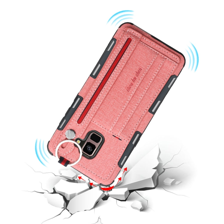 For Galaxy A8+ (2018) Cloth Texture + TPU Shockproof Protective Case with Metal Ring & Holder & Card Slots & Hanging Strap