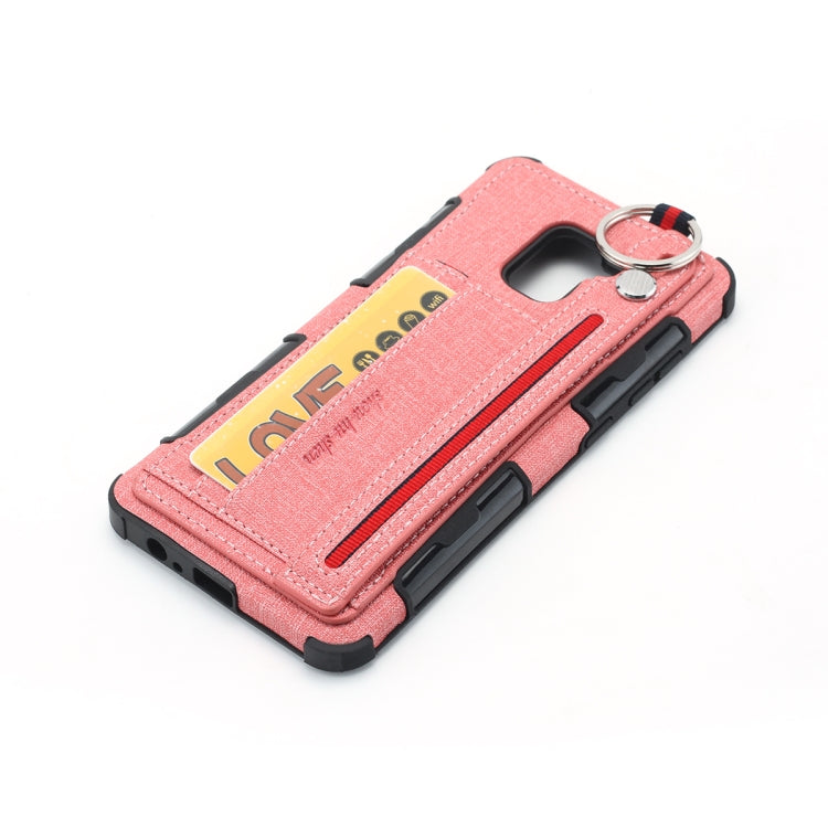 For Galaxy A8+ (2018) Cloth Texture + TPU Shockproof Protective Case with Metal Ring & Holder & Card Slots & Hanging Strap