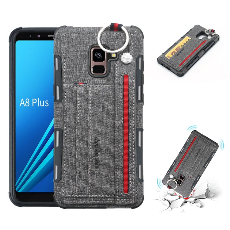 For Galaxy A8+ (2018) Cloth Texture + TPU Shockproof Protective Case with Metal Ring & Holder & Card Slots & Hanging Strap