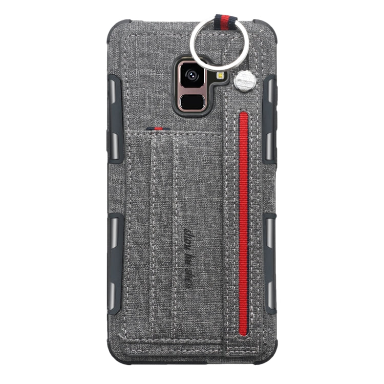 For Galaxy A8+ (2018) Cloth Texture + TPU Shockproof Protective Case with Metal Ring & Holder & Card Slots & Hanging Strap