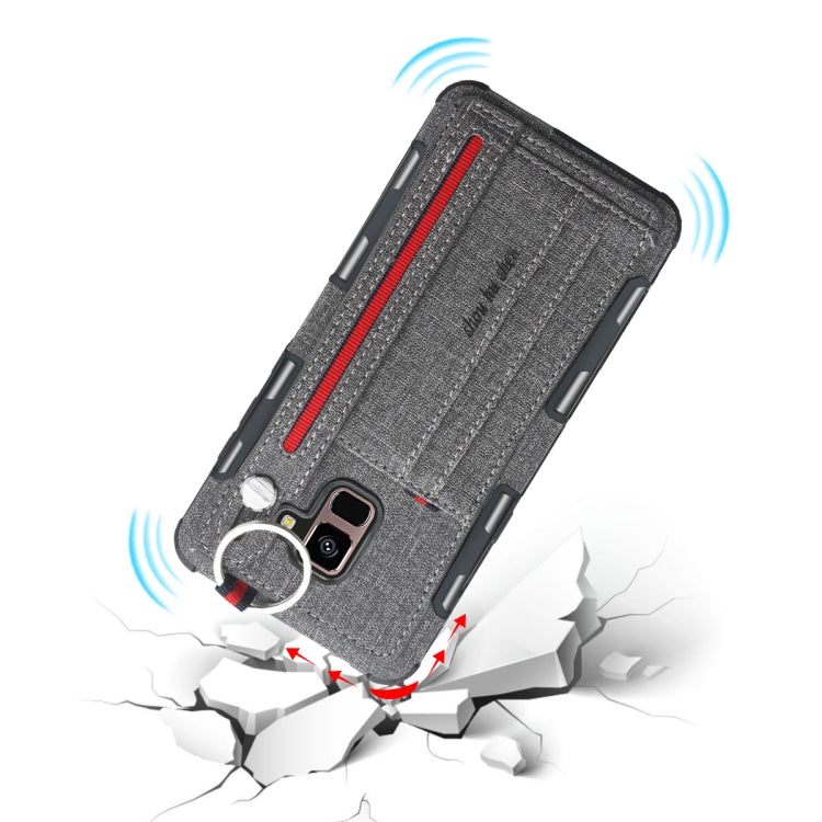 For Galaxy A8+ (2018) Cloth Texture + TPU Shockproof Protective Case with Metal Ring & Holder & Card Slots & Hanging Strap