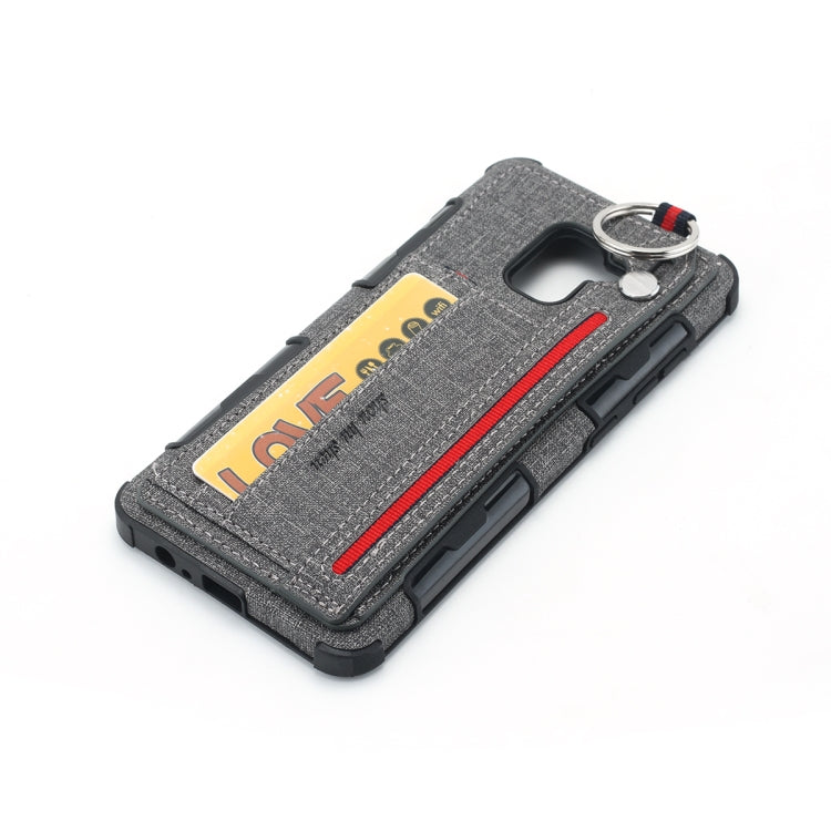 For Galaxy A8+ (2018) Cloth Texture + TPU Shockproof Protective Case with Metal Ring & Holder & Card Slots & Hanging Strap