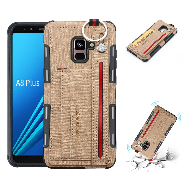 For Galaxy A8+ (2018) Cloth Texture + TPU Shockproof Protective Case with Metal Ring & Holder & Card Slots & Hanging Strap