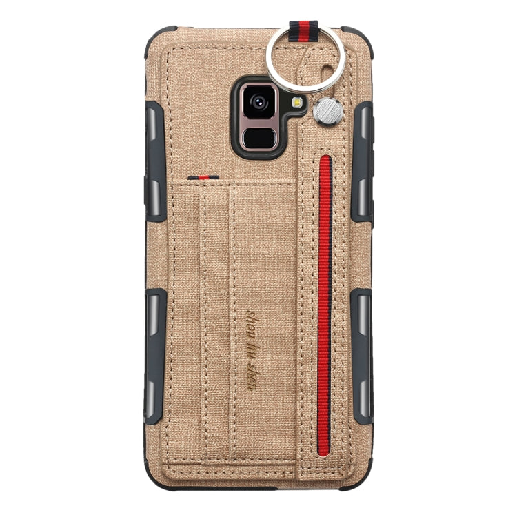 For Galaxy A8+ (2018) Cloth Texture + TPU Shockproof Protective Case with Metal Ring & Holder & Card Slots & Hanging Strap