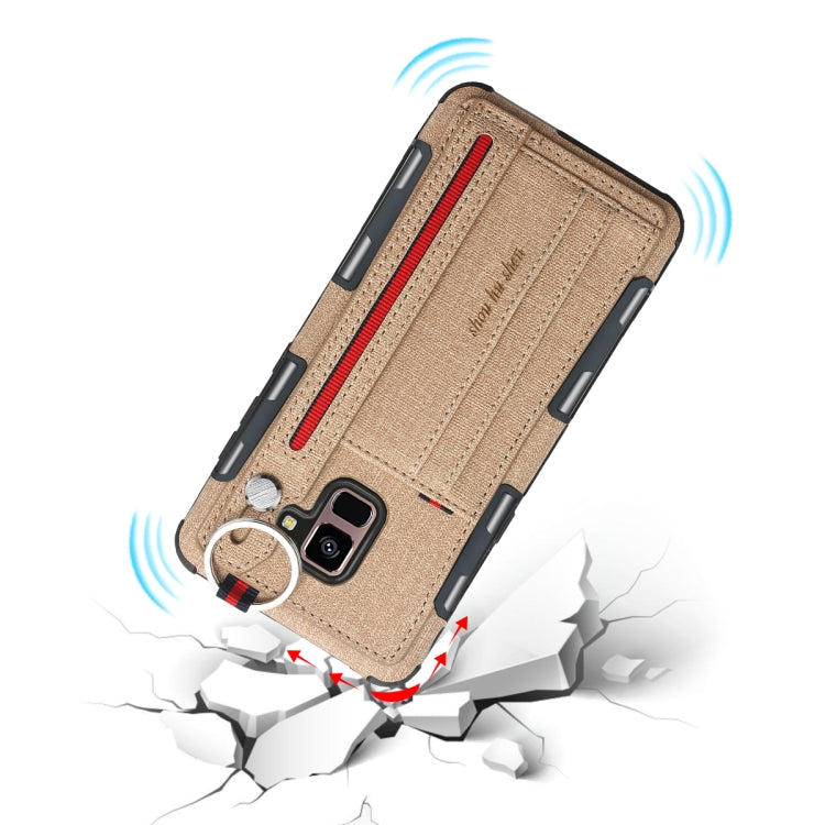 For Galaxy A8+ (2018) Cloth Texture + TPU Shockproof Protective Case with Metal Ring & Holder & Card Slots & Hanging Strap