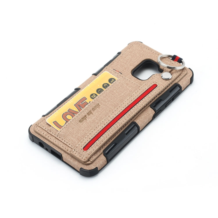 For Galaxy A8+ (2018) Cloth Texture + TPU Shockproof Protective Case with Metal Ring & Holder & Card Slots & Hanging Strap