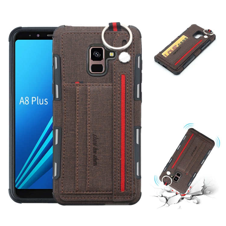 For Galaxy A8+ (2018) Cloth Texture + TPU Shockproof Protective Case with Metal Ring & Holder & Card Slots & Hanging Strap