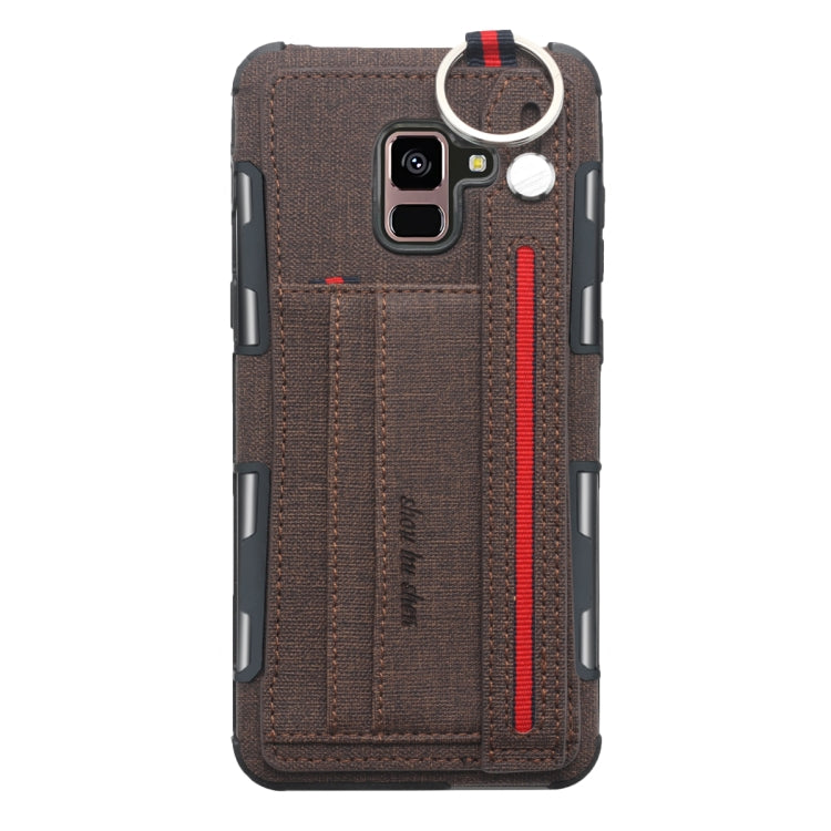 For Galaxy A8+ (2018) Cloth Texture + TPU Shockproof Protective Case with Metal Ring & Holder & Card Slots & Hanging Strap