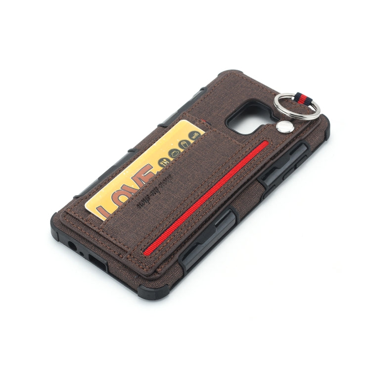 For Galaxy A8+ (2018) Cloth Texture + TPU Shockproof Protective Case with Metal Ring & Holder & Card Slots & Hanging Strap