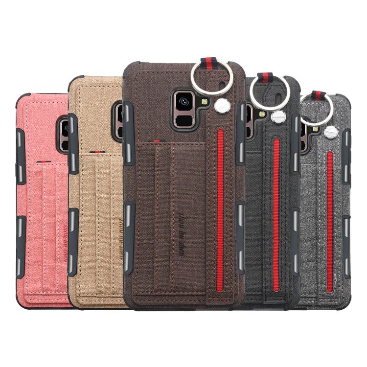 For Galaxy A8+ (2018) Cloth Texture + TPU Shockproof Protective Case with Metal Ring & Holder & Card Slots & Hanging Strap