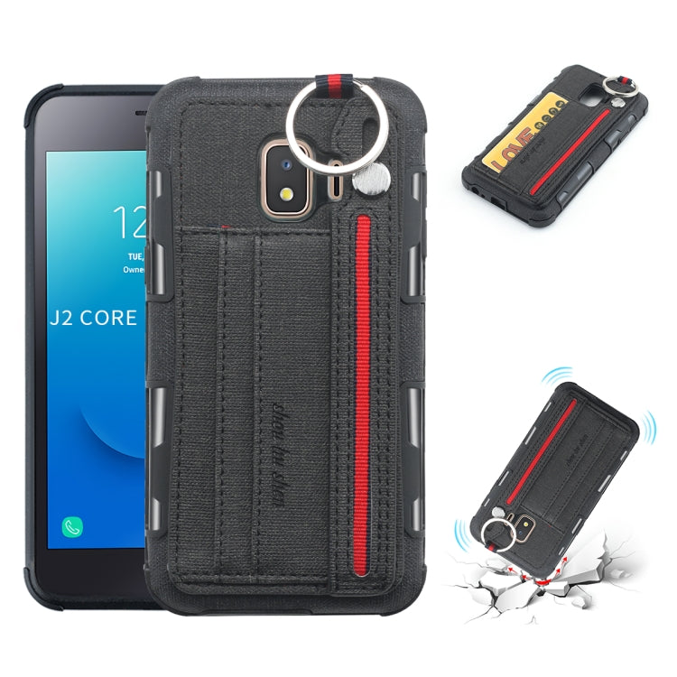 For Galaxy J2 Core Cloth Texture + TPU Shockproof Protective Case with Metal Ring & Holder & Card Slots & Hanging Strap
