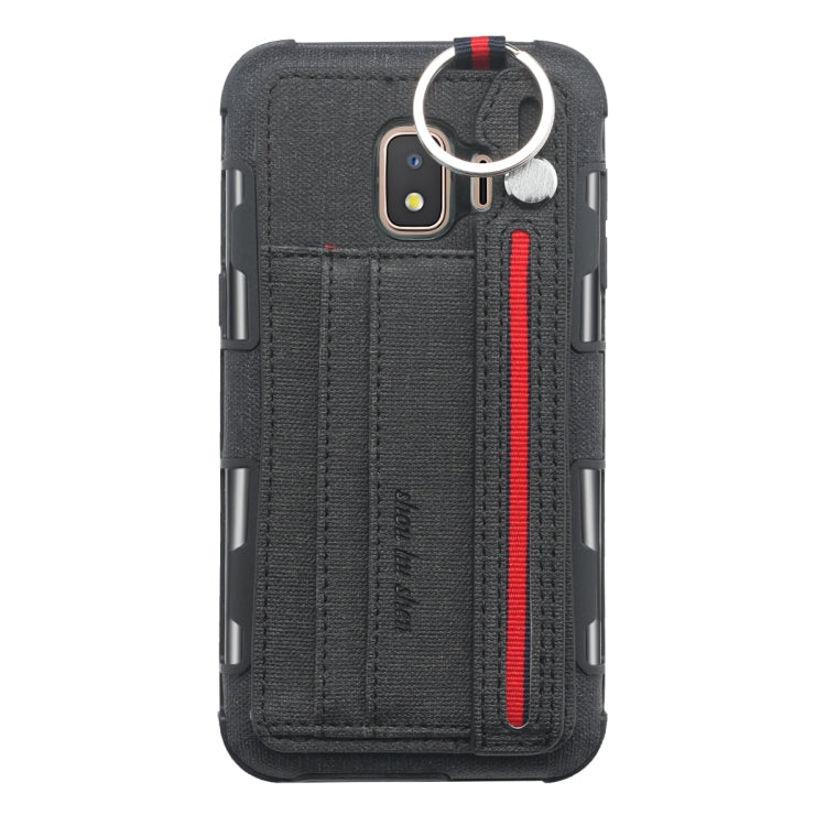 For Galaxy J2 Core Cloth Texture + TPU Shockproof Protective Case with Metal Ring & Holder & Card Slots & Hanging Strap