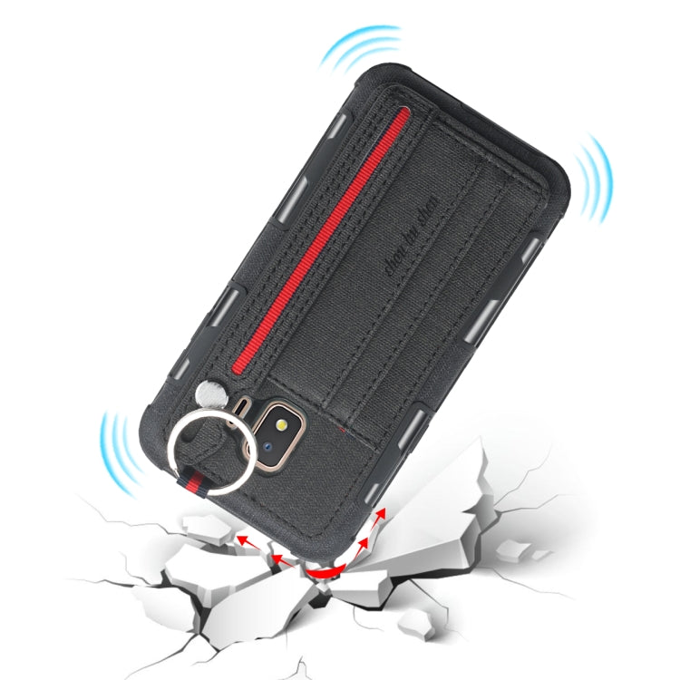 For Galaxy J2 Core Cloth Texture + TPU Shockproof Protective Case with Metal Ring & Holder & Card Slots & Hanging Strap