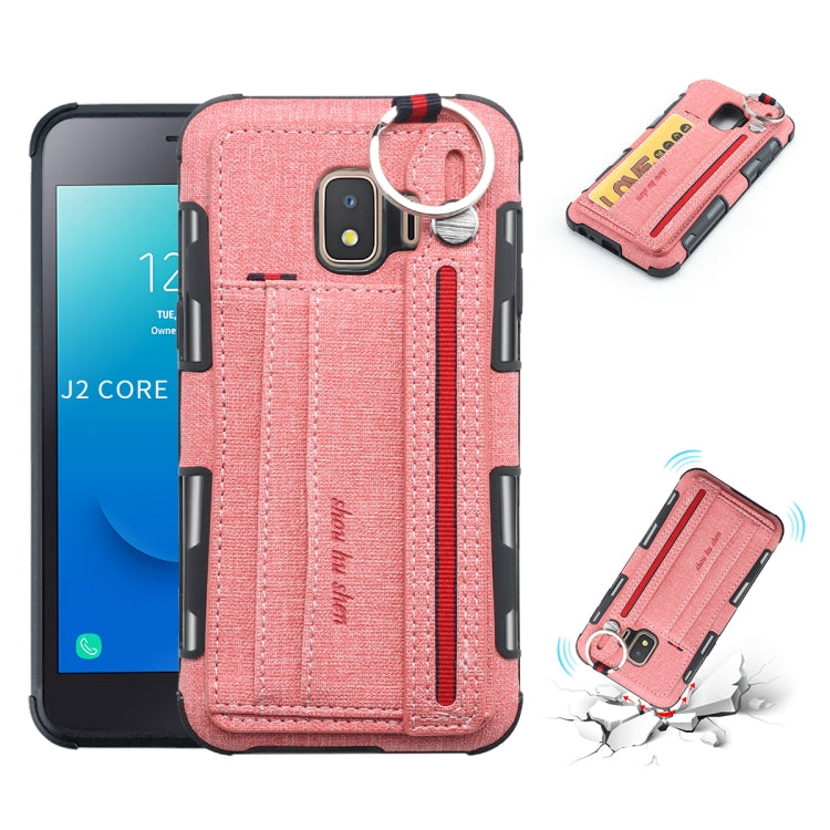 For Galaxy J2 Core Cloth Texture + TPU Shockproof Protective Case with Metal Ring & Holder & Card Slots & Hanging Strap
