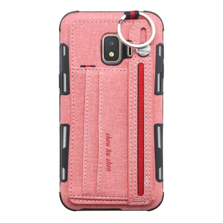 For Galaxy J2 Core Cloth Texture + TPU Shockproof Protective Case with Metal Ring & Holder & Card Slots & Hanging Strap