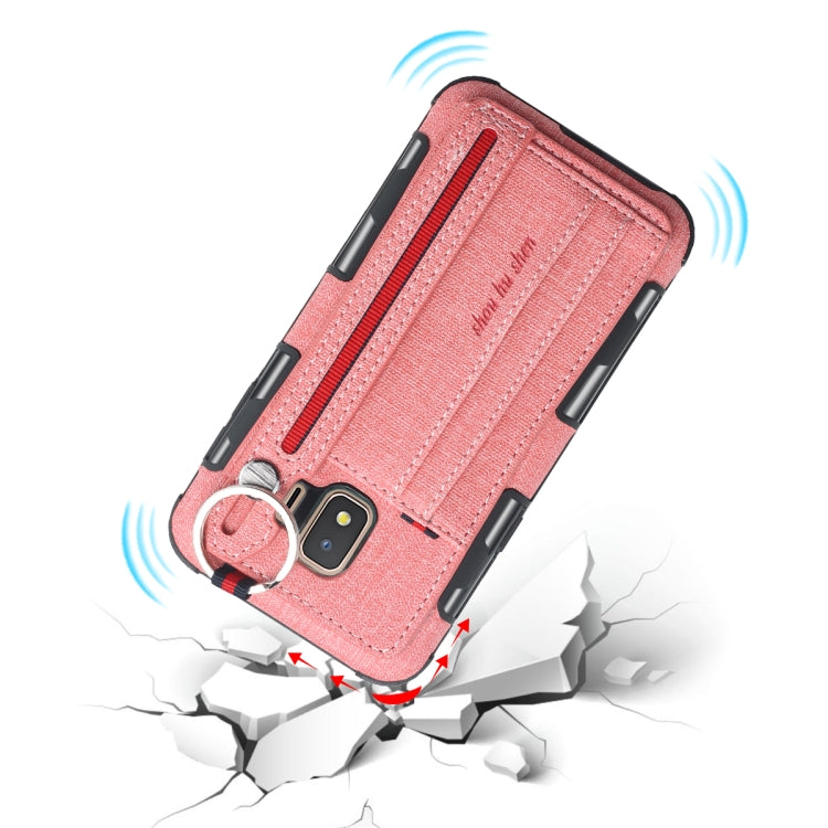 For Galaxy J2 Core Cloth Texture + TPU Shockproof Protective Case with Metal Ring & Holder & Card Slots & Hanging Strap