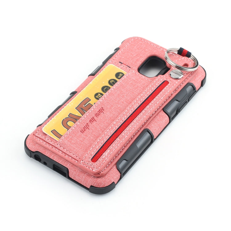 For Galaxy J2 Core Cloth Texture + TPU Shockproof Protective Case with Metal Ring & Holder & Card Slots & Hanging Strap