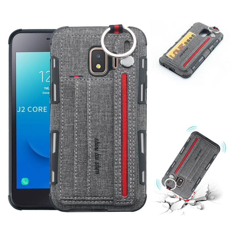 For Galaxy J2 Core Cloth Texture + TPU Shockproof Protective Case with Metal Ring & Holder & Card Slots & Hanging Strap