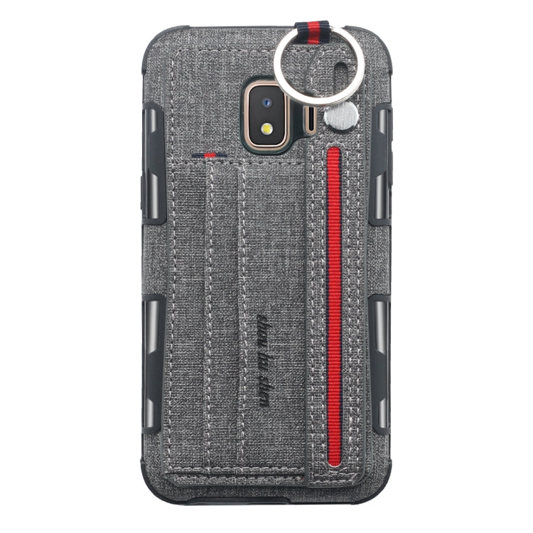 For Galaxy J2 Core Cloth Texture + TPU Shockproof Protective Case with Metal Ring & Holder & Card Slots & Hanging Strap
