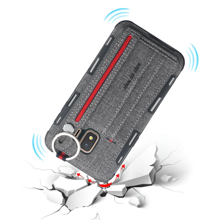 For Galaxy J2 Core Cloth Texture + TPU Shockproof Protective Case with Metal Ring & Holder & Card Slots & Hanging Strap