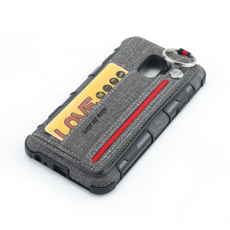 For Galaxy J2 Core Cloth Texture + TPU Shockproof Protective Case with Metal Ring & Holder & Card Slots & Hanging Strap