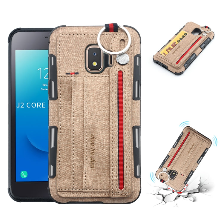 For Galaxy J2 Core Cloth Texture + TPU Shockproof Protective Case with Metal Ring & Holder & Card Slots & Hanging Strap
