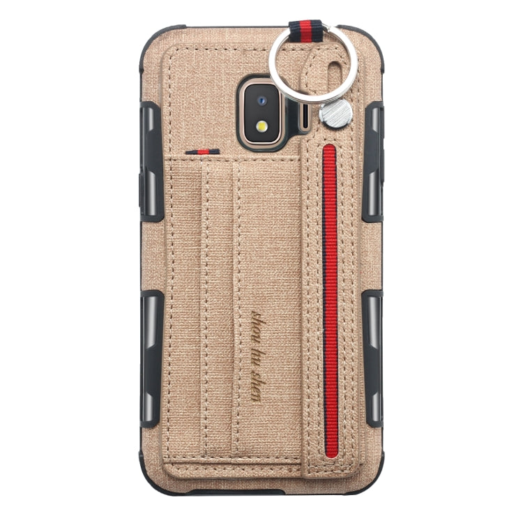 For Galaxy J2 Core Cloth Texture + TPU Shockproof Protective Case with Metal Ring & Holder & Card Slots & Hanging Strap