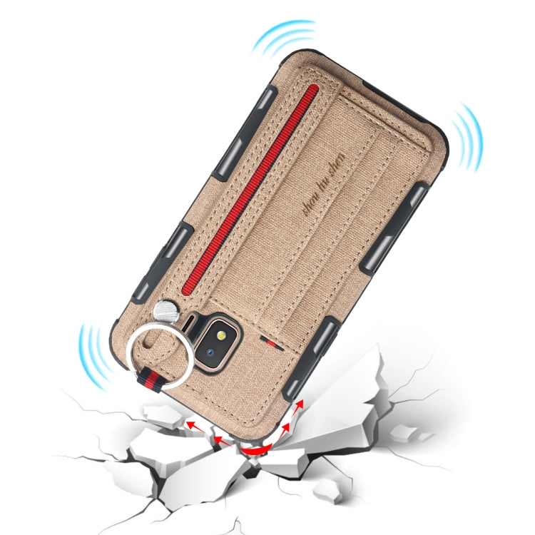 For Galaxy J2 Core Cloth Texture + TPU Shockproof Protective Case with Metal Ring & Holder & Card Slots & Hanging Strap