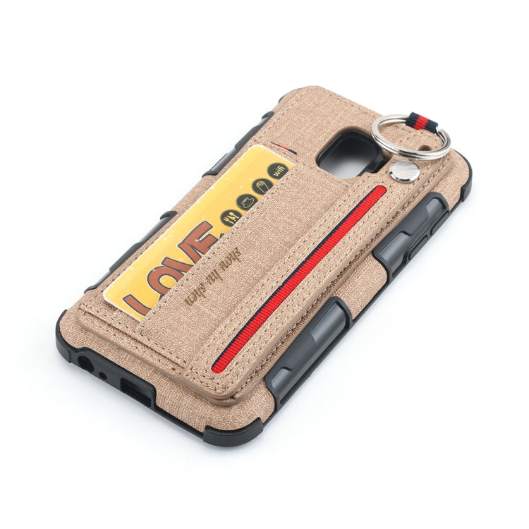 For Galaxy J2 Core Cloth Texture + TPU Shockproof Protective Case with Metal Ring & Holder & Card Slots & Hanging Strap